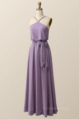 Halter Straps Purple Chiffon Long Corset Bridesmaid Dress outfit, Bridesmaid Dresses Websites