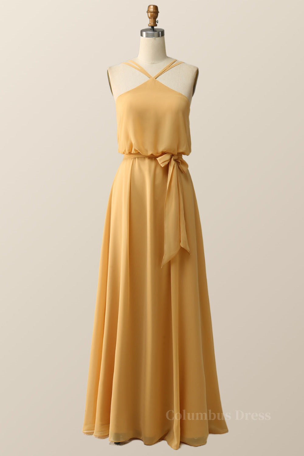 Halter Straps Yellow Chiffon Long Corset Bridesmaid Dress outfit, Maxi Dress