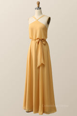Halter Straps Yellow Chiffon Long Corset Bridesmaid Dress outfit, Gold Prom Dress