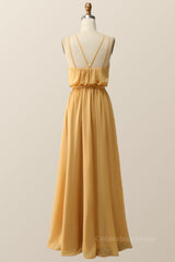 Halter Straps Yellow Chiffon Long Corset Bridesmaid Dress outfit, Prom Dress For Kids