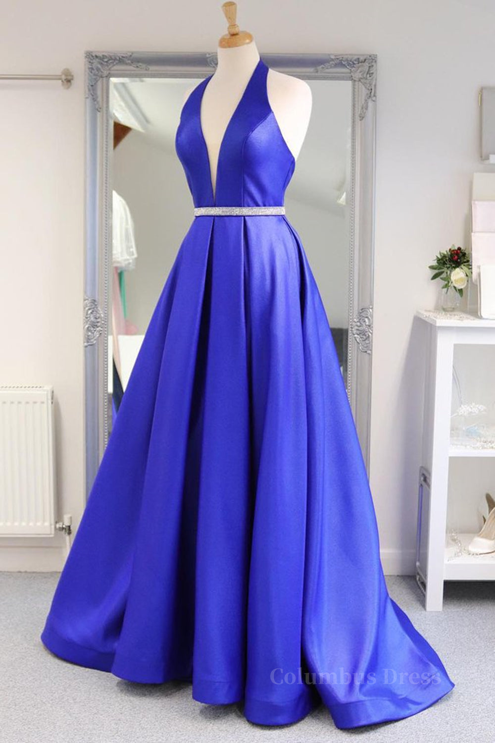 Halter V Neck Backless Blue Long Corset Prom Dresses with Belt, Backless Blue Corset Formal Evening Dresses outfit, Flowy Dress