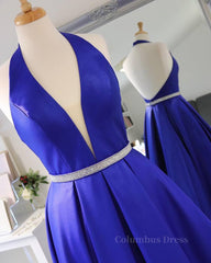 Halter V Neck Backless Blue Long Corset Prom Dresses with Belt, Backless Blue Corset Formal Evening Dresses outfit, Bow Dress