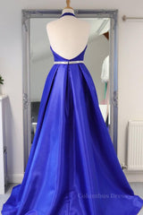 Halter V Neck Backless Blue Long Corset Prom Dresses with Belt, Backless Blue Corset Formal Evening Dresses outfit, Semi Formal