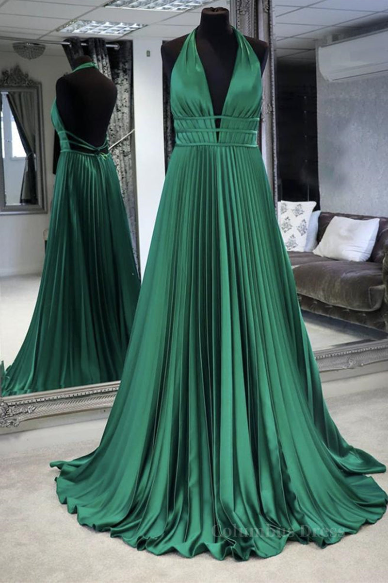 Halter V Neck Backless Emerald Green Satin Long Corset Prom Dress, Bac