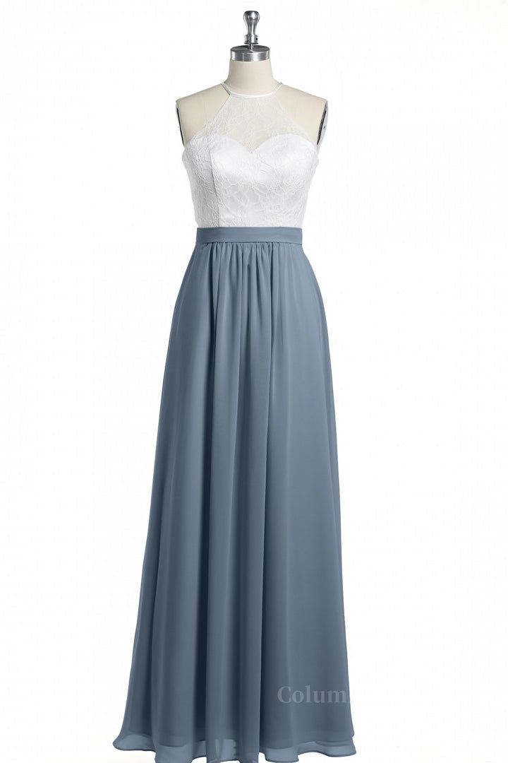 Halter White Lace and Dusty Blue Chiffon Long Corset Bridesmaid Dress outfit, Bridesmaid Dresses Modest