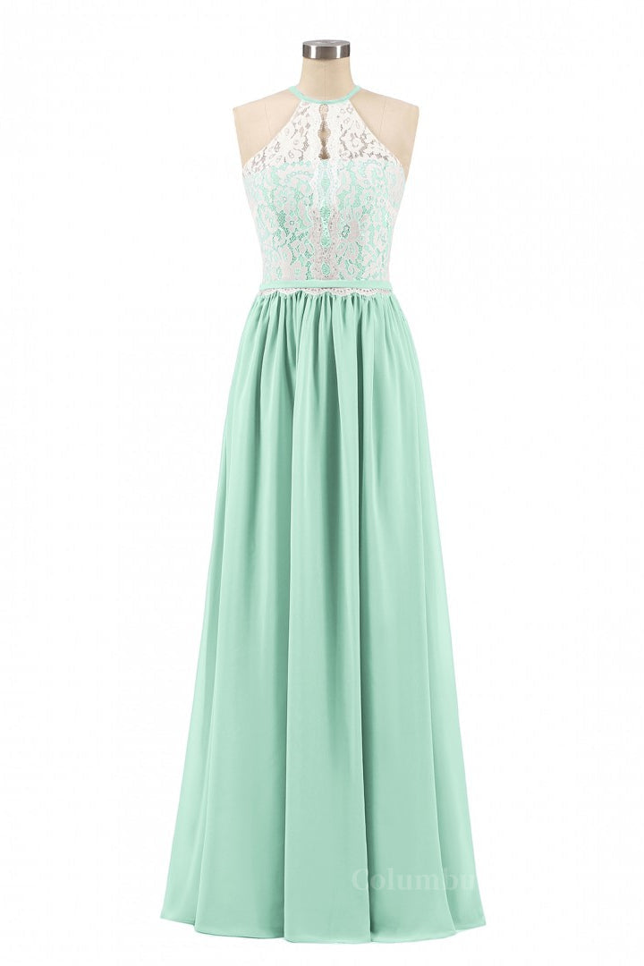 Halter White Lace and Mint Green Chiffon Long Corset Bridesmaid Dress outfit, Silk Wedding Dress