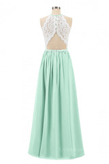 Halter White Lace and Mint Green Chiffon Long Corset Bridesmaid Dress outfit, Winter Formal