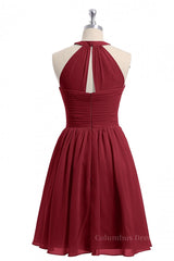 Halter Wine Red Chiffon Short Corset Bridesmaid Dress outfit, Bridesmaids Dress Floral