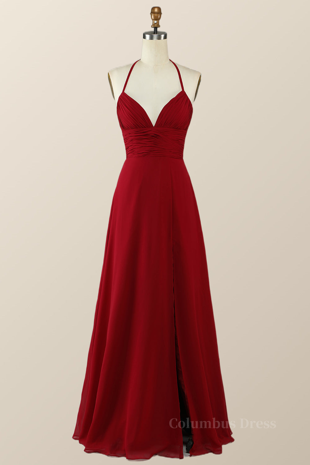 Halter Wine Red Empire A-line Long Corset Bridesmaid Dress outfit, White Prom Dress