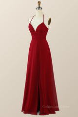 Halter Wine Red Empire A-line Long Corset Bridesmaid Dress outfit, Party Dress Long Sleeve Mini
