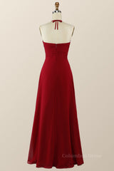 Halter Wine Red Empire A-line Long Corset Bridesmaid Dress outfit, Glam Dress