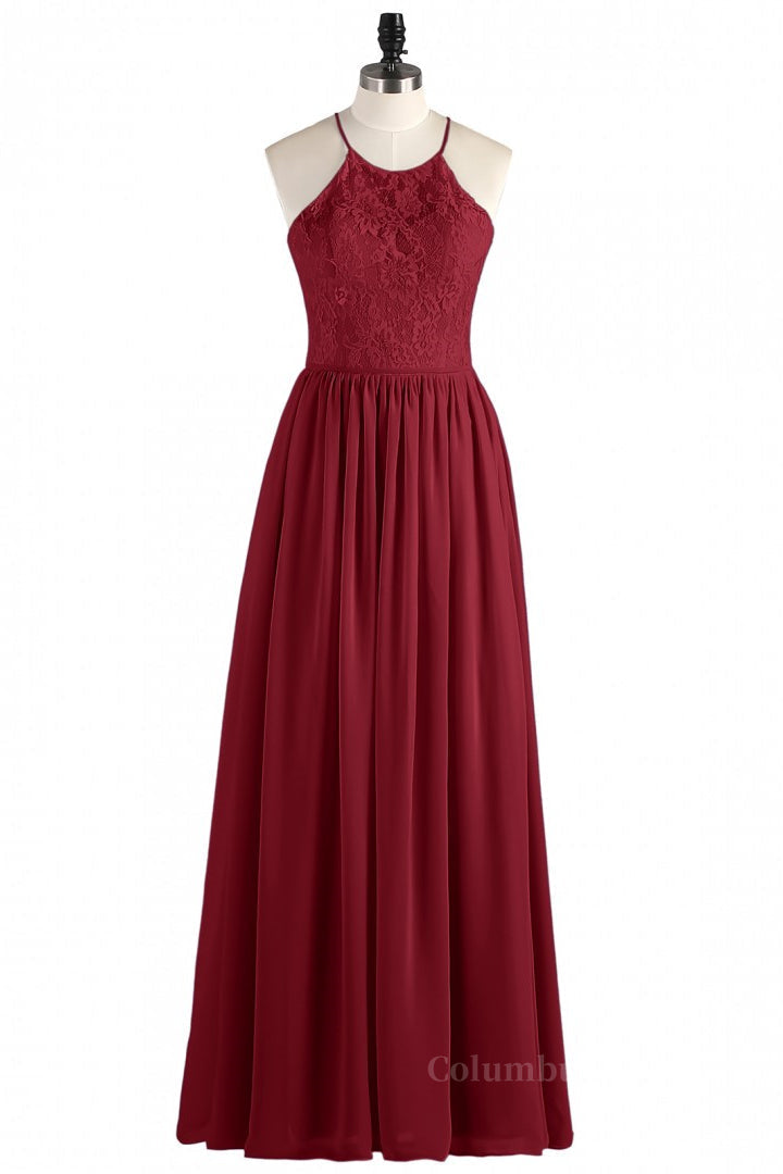 Halter Wine Red Lace and Chiffon Long Corset Bridesmaid Dress outfit, Elegant Prom Dress