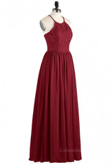 Halter Wine Red Lace and Chiffon Long Corset Bridesmaid Dress outfit, Prom Dress Long