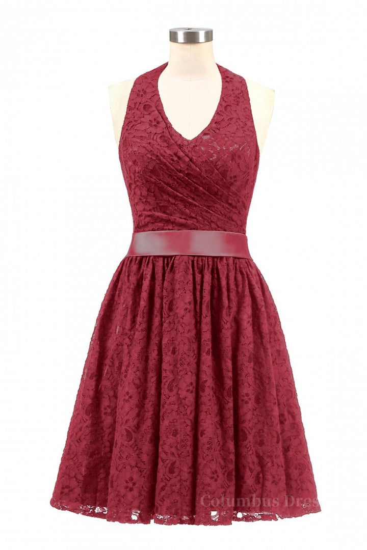 Halter Wine Red Lace Short A-line Corset Bridesmaid Dress outfit, Pink Bridesmaid Dress