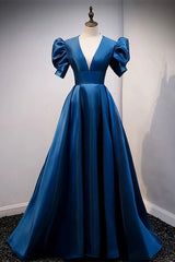 Blue V Neck Satin Short Sleeves Long Corset Prom Dress Blue Satin Evening Dress outfit, Party Dresses Short Clubwear