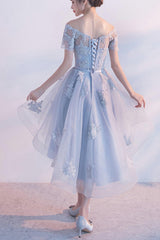 Off The Shoulder Dusty Blue High Low Corset Homecoming Dress Tulle Short Cocktail Dresses outfit, Dinner Outfit
