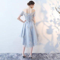 Off The Shoulder Dusty Blue High Low Corset Homecoming Dress Tulle Short Cocktail Dresses outfit, Party Dress Short Tight
