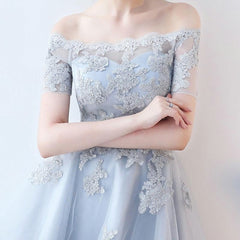 Off The Shoulder Dusty Blue High Low Corset Homecoming Dress Tulle Short Cocktail Dresses outfit, Party Dresses Short Tight