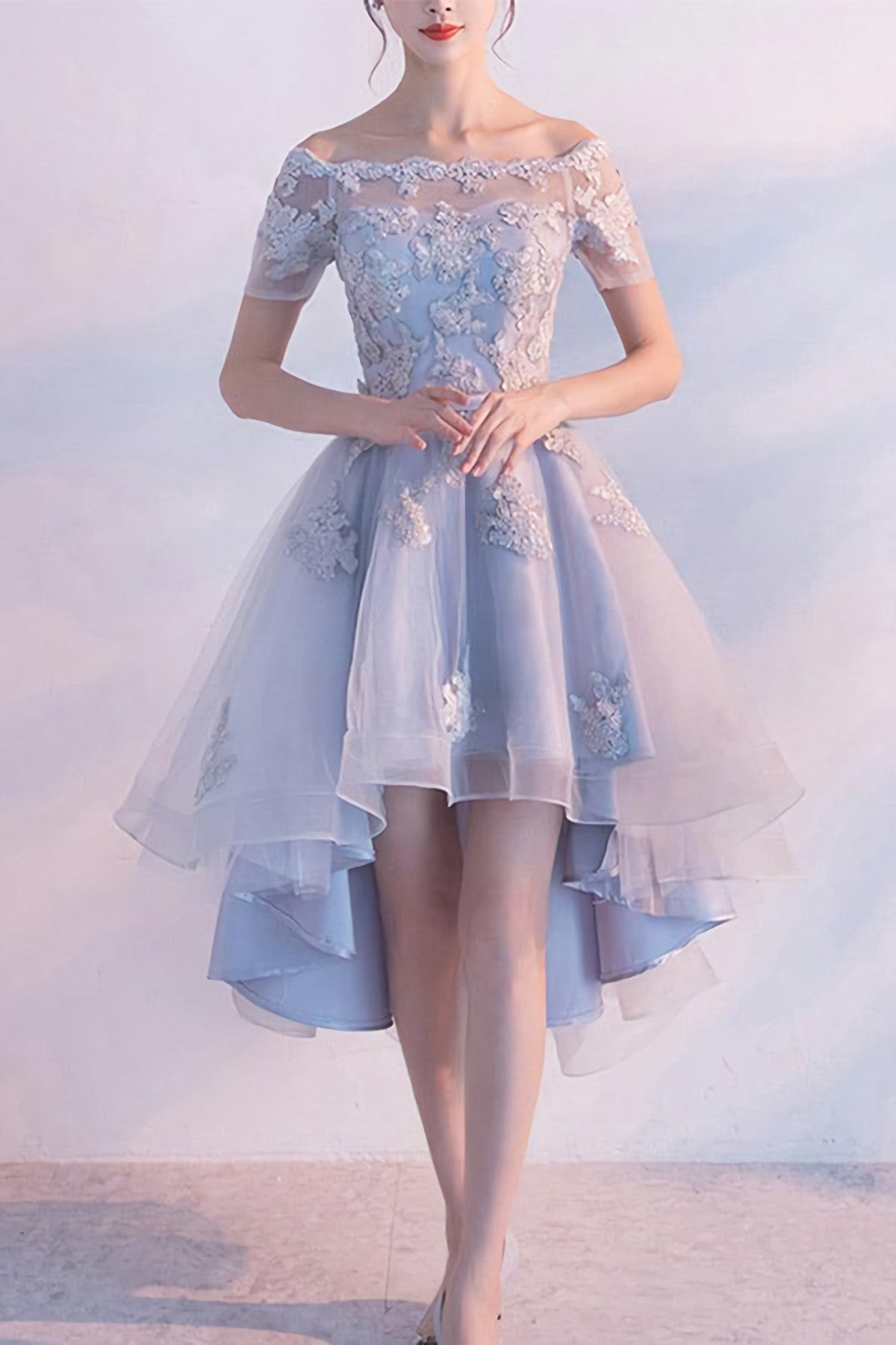 Off The Shoulder Dusty Blue High Low Corset Homecoming Dress Tulle Short Cocktail Dresses outfit, Elegant Dress Classy