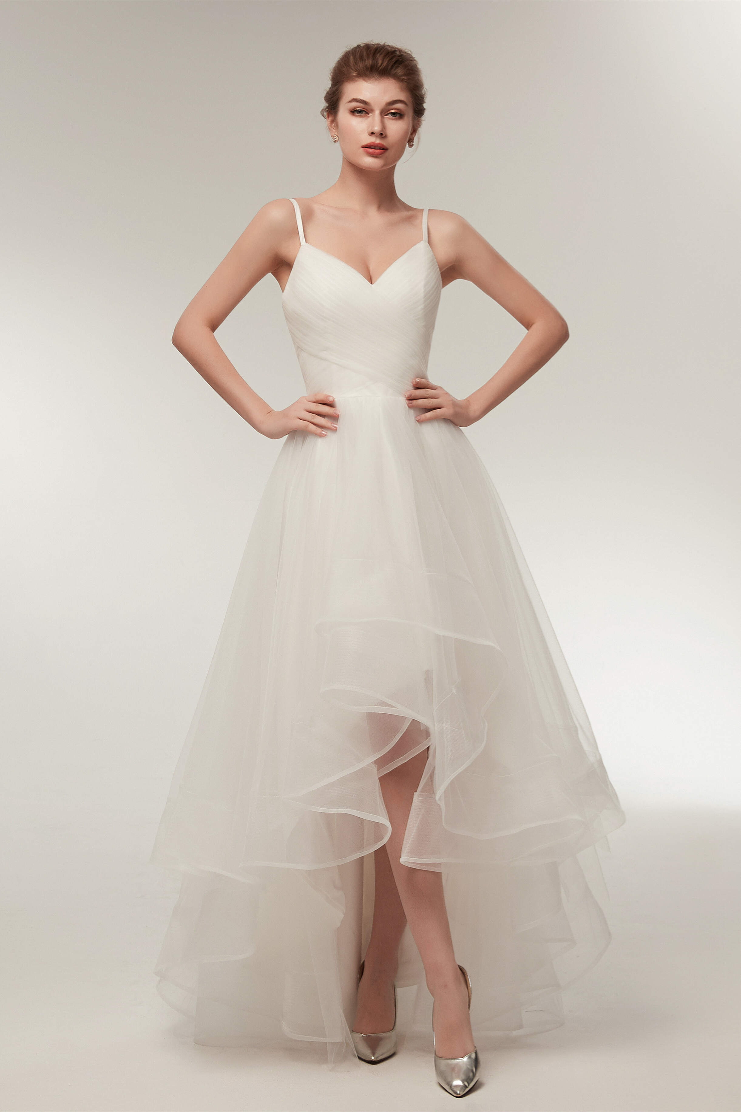 High Low Spaghetti Straps Minimalist Design Corset Wedding Dresses outfit, Wedding Dress Style 2028