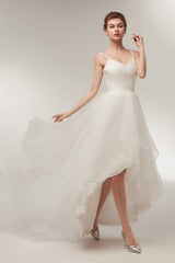 High Low Spaghetti Straps Minimalist Design Corset Wedding Dresses outfit, Wedding Dress For Short Brides