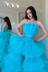 High Low Strapless Sky Blue Long Corset Prom Dress with Criss Cross Back Gowns, High Low Strapless Sky Blue Long Prom Dress with Criss Cross Back
