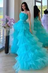 High Low Strapless Sky Blue Long Corset Prom Dress with Criss Cross Back Gowns, High Low Strapless Sky Blue Long Prom Dress with Criss Cross Back