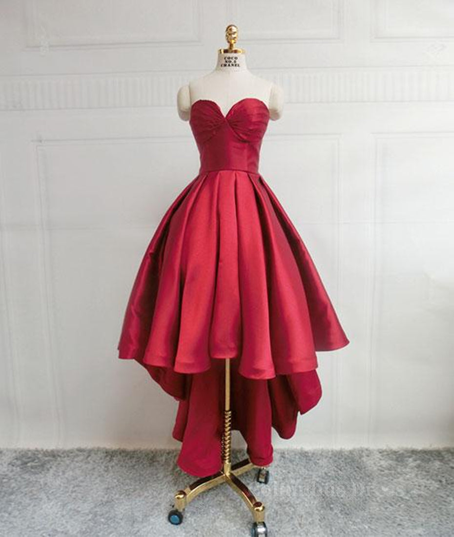High Low Sweetheart Neck Strapless Backless Satin Red Corset Prom Dresses, Red Graduation Dresses, Red Backless Corset Formal Evening Dresses outfit, Bridesmaid Dresses Beach