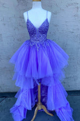 High Low V Neck Purple Lace Long Corset Prom Dress, Lilac Lace Corset Formal Dress, Purple Evening Dress outfit, Bridesmaid Dresses Uk