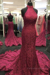 High Neck Backless Burgundy Lace long Corset Prom Dress, Long Burgundy Lace Corset Formal Evening Dress, Burgundy Corset Ball Gown outfits, Pleated Dress