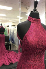 High Neck Backless Burgundy Lace long Corset Prom Dress, Long Burgundy Lace Corset Formal Evening Dress, Burgundy Corset Ball Gown outfits, Princess Prom Dress