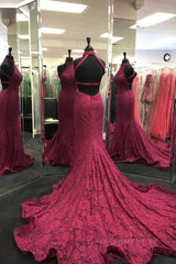 High Neck Backless Burgundy Lace long Corset Prom Dress, Long Burgundy Lace Corset Formal Evening Dress, Burgundy Corset Ball Gown outfits, Glamorous Dress