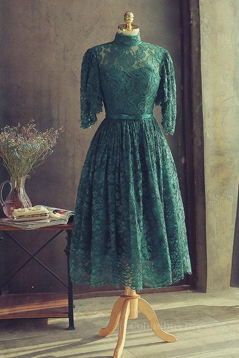High Neck Half Sleeves Green Lace Corset Prom Dress, Green Lace Corset Formal Graduation Corset Homecoming Dress outfit, Formal Dress For Beach Wedding