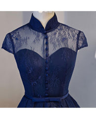High Neck Corset Homecoming Dress, Lace Dark Navy Lace-up Short Corset Prom Dress outfits, Evening Dress Maxi Long Sleeve