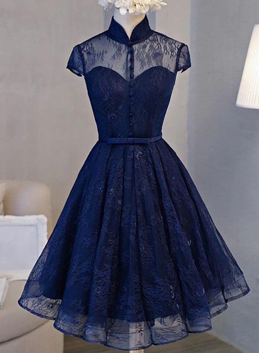 High Neck Corset Homecoming Dress, Lace Dark Navy Lace-up Short Corset Prom Dress outfits, Evening Dress Modest
