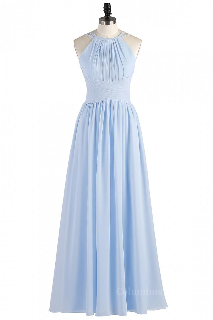 High Neck Light Blue Chiffon Empire Long Corset Bridesmaid Dress outfit, Elegant Wedding Dress