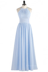 High Neck Light Blue Chiffon Empire Long Corset Bridesmaid Dress outfit, Elegant Wedding Dress