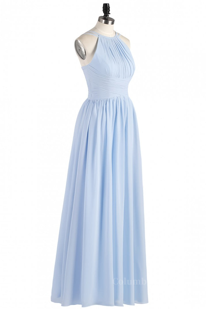 High Neck Light Blue Chiffon Empire Long Corset Bridesmaid Dress outfi ...