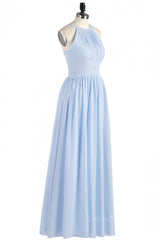 High Neck Light Blue Chiffon Empire Long Corset Bridesmaid Dress outfit, Bachelorette Party Theme