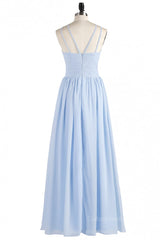 High Neck Light Blue Chiffon Empire Long Corset Bridesmaid Dress outfit, Wedding Bouquet