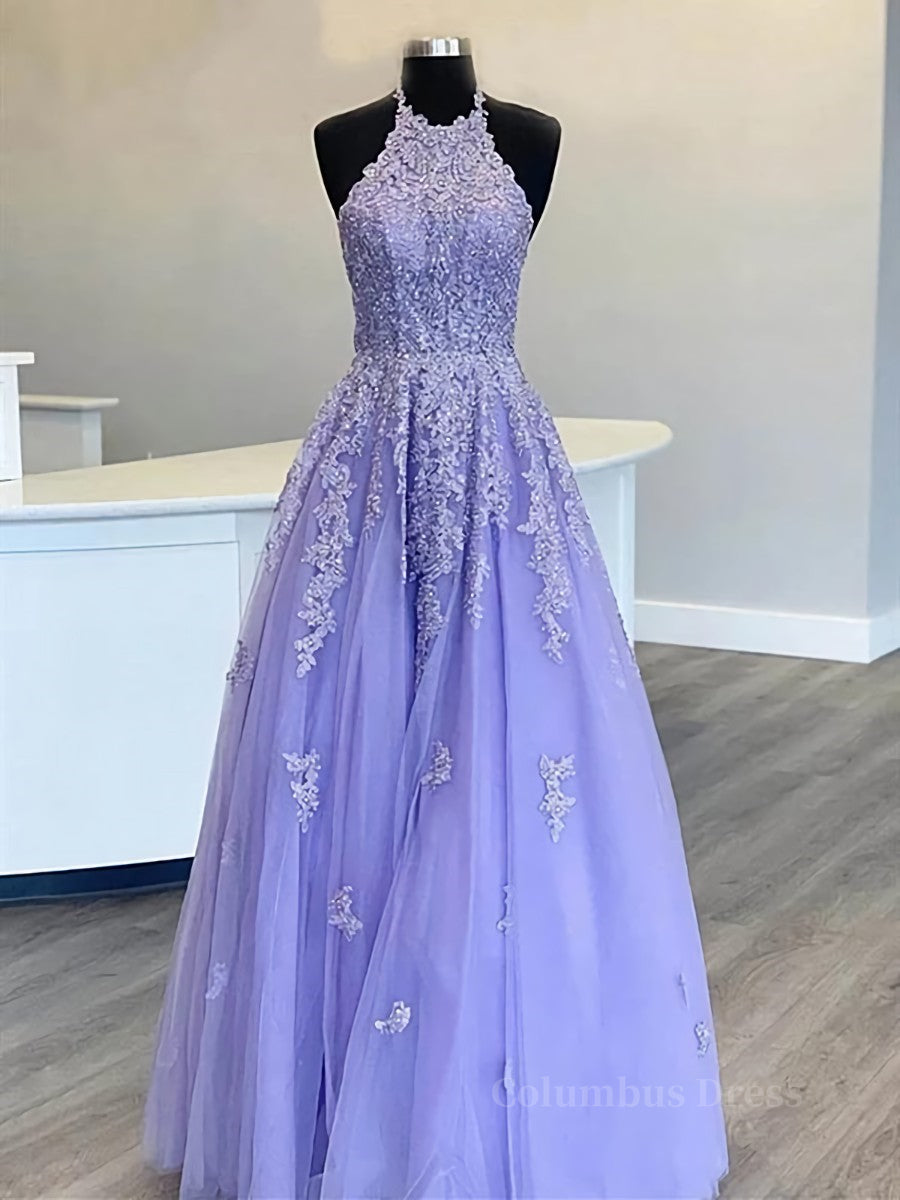 High Neck Long Purple Lace Corset Prom Dresses, Purple Lace Corset Formal Evening Dresses outfit, Bridesmaid Dresses Mauve