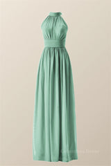 High Neck Mint Green Chiffon A-line Corset Bridesmaid Dress outfit, Girl Dress