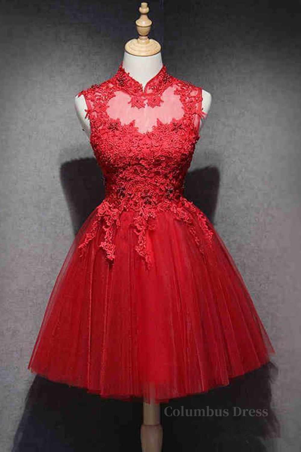 High Neck Red Lace Short Corset Prom Dress, Red Lace Corset Homecoming Dress, Red Corset Formal Graduation Evening Dress outfit, Pretty Dress