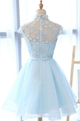 High Neck Short Blue Lace Corset Prom Dresses, Short Blue Lace Graduation Corset Homecoming Dresses outfit, Maxi Dress