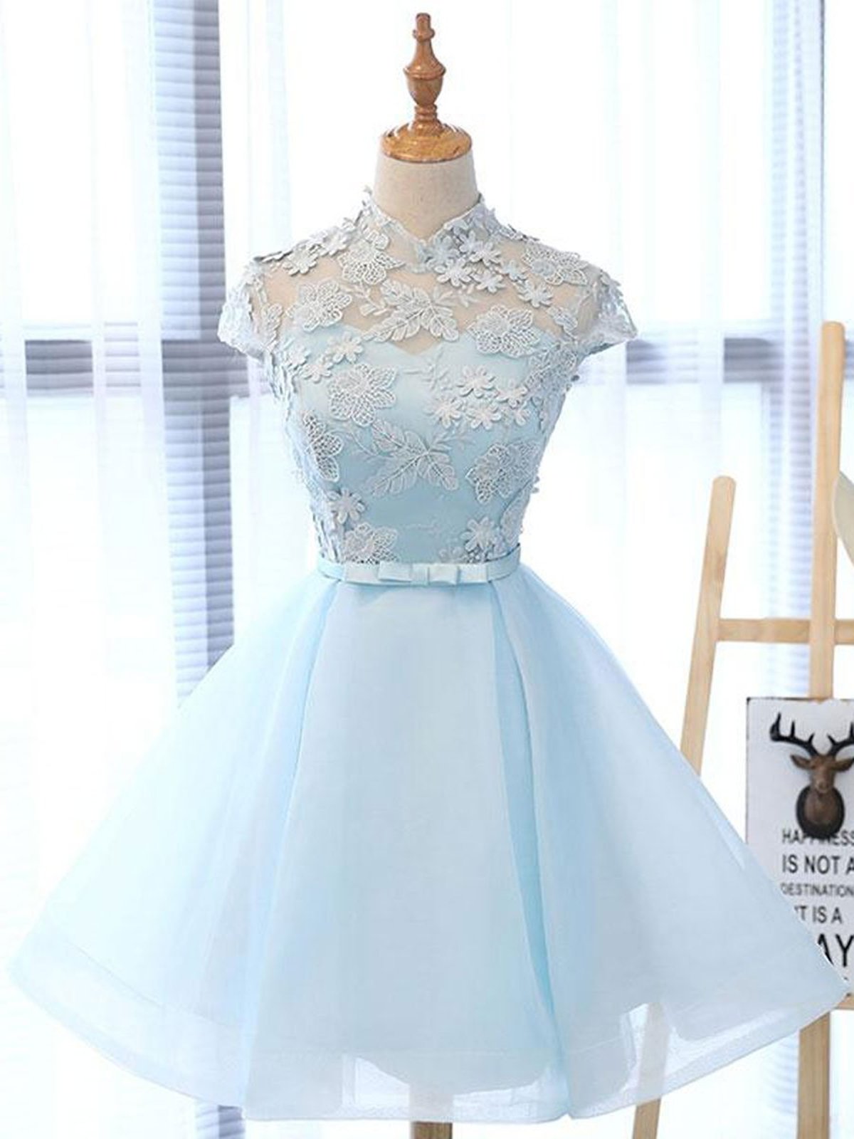 High Neck Short Blue Lace Corset Prom Dresses, Short Blue Lace Graduation Corset Homecoming Dresses outfit, Gown
