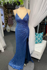 High Slit Blue Sequins Straps Mermaid Evening Gown,Ball Gowns Corset Prom Dresses outfit, Bridesmaids Dresses Strapless
