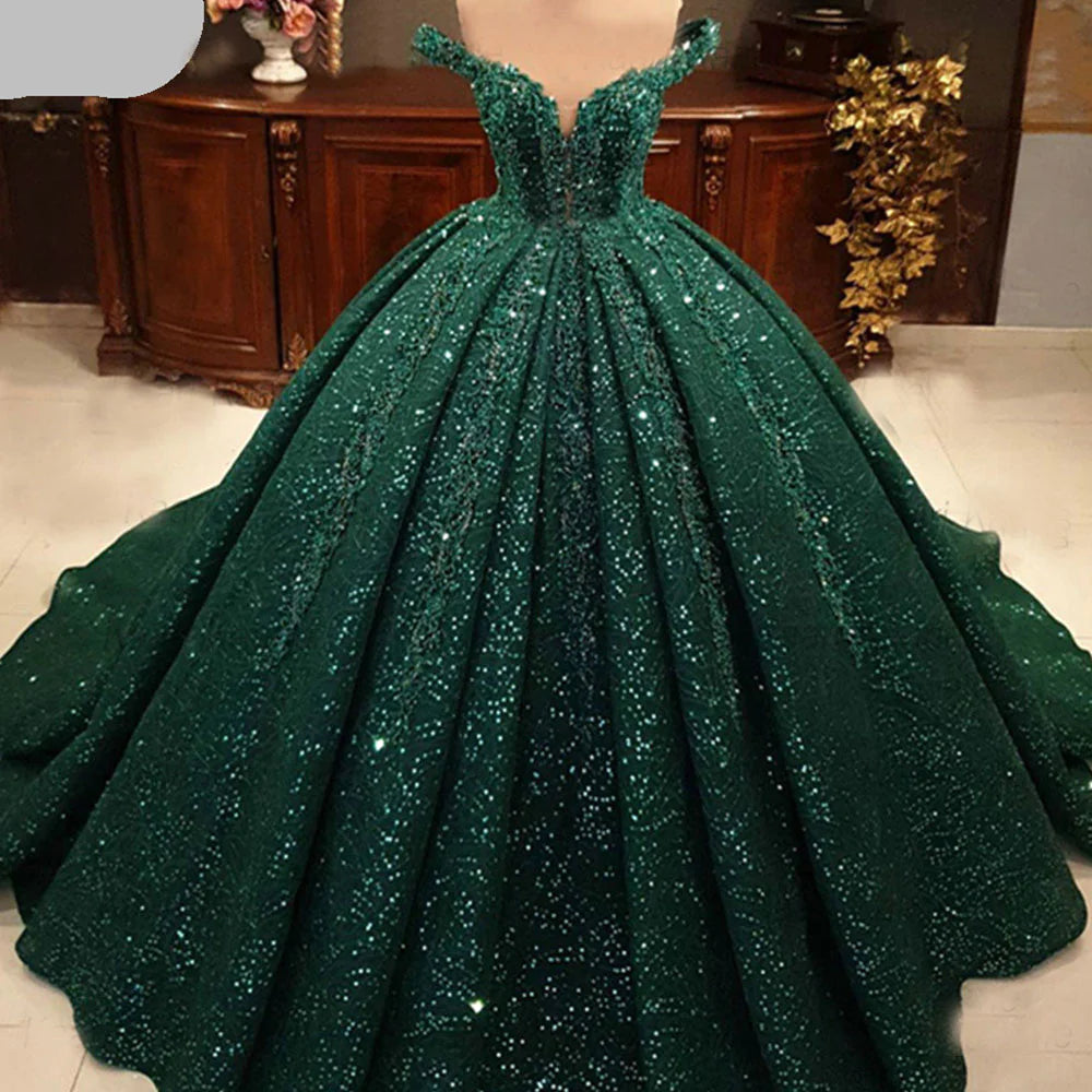 Hot Appliques Corset Ball Gown Dark Green Corset Wedding Dress Sequin Quinceanera Dresses outfit, Wedding Dresses Under 1001