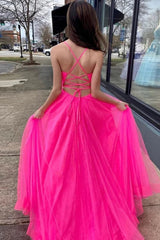 Hot Pink A-Line Tulle Long Corset Prom Dress with Pockets Gowns, Hot Pink A-Line Tulle Long Prom Dress with Pockets