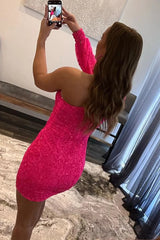 Hot Pink Beaded Sequins One Shoulder Tight Corset Homecoming Dress outfit, Hot Pink Beaded Sequins One Shoulder Tight Homecoming Dress