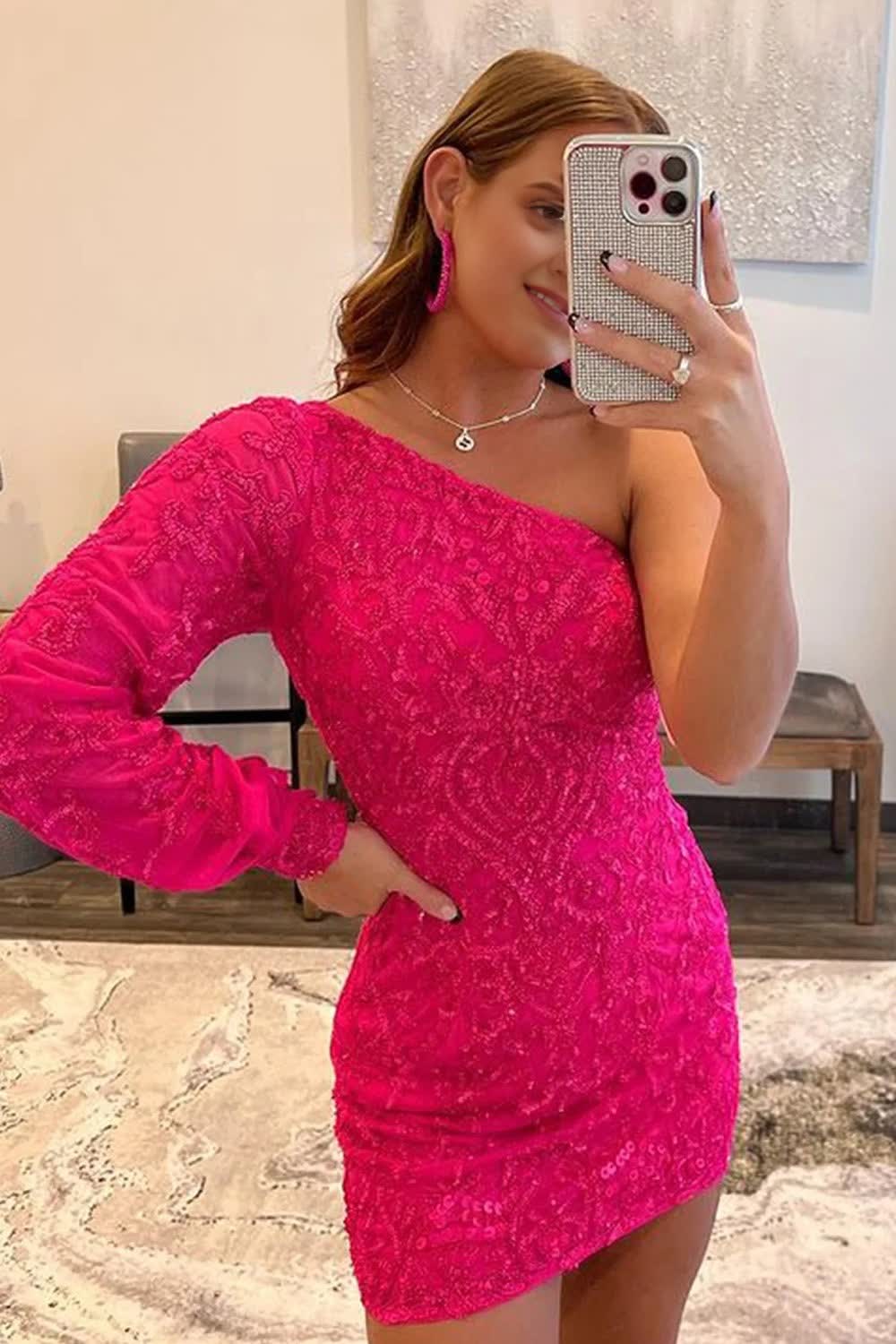 Hot Pink Beaded Sequins One Shoulder Tight Corset Homecoming Dress outfit, Hot Pink Beaded Sequins One Shoulder Tight Homecoming Dress